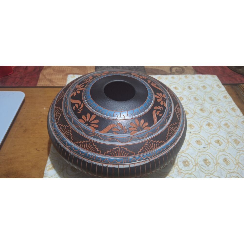 Becenti & Mescal Navajo Terra Cotta Pottery Seed Pot Red Brown Blue Vintage '01